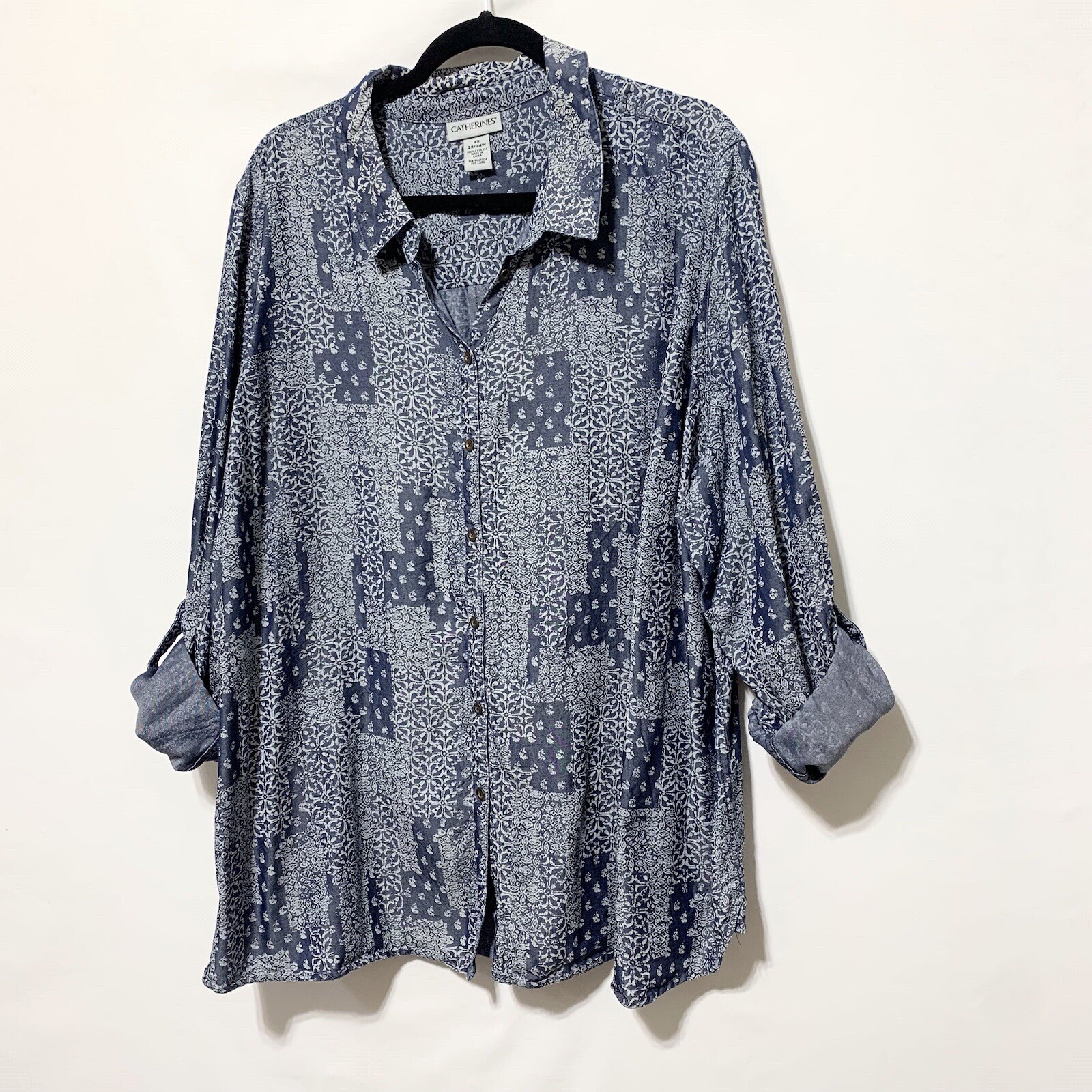 Catherines 2X Blue Patchwork Print Button Front L… - image 4