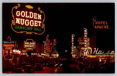 Vintage Fremont Street St Las Vegas NV Night Time Chrome Postcard Neon Lights