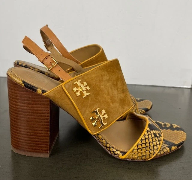 Tory Burch Kira размер 9 М замшевая коричневая змеиная кожа деревянная платформа каблуки кожаная подошва - Изображение 3 из 4