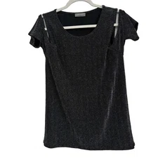 Sans Souci Black Herringbone Short Sleeve Blouse Size Large .