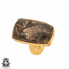 Size 9.5 - Size 11 Adjustable Turritella Agate 24K Gold Plated Ring GPR1025