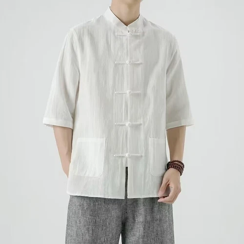 Chinese Tang Traditional Suit Men Retro Shirt Kung Fu Tai Chi Jacket Hanfu Top - Foto 29 di 31