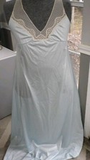 Vintage Long Maxi Blue Nylon Lace Nightgown Small USA Garment Workers Union USA