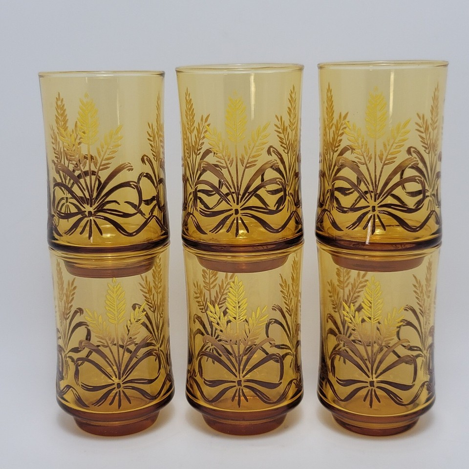 Libbey Wheat & Ribbon Design Vintage Amber Juice Iced Tea Water Glasses