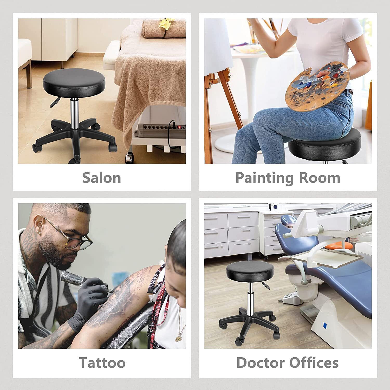 Rolling Stool Round PU Leather Salon Stool Chair Height Adjustable with Wheels 