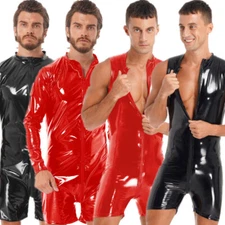 Men's Patent Leather Jumpsuit Bodysuit Wrestling Singlet Wet Look Zip Leotard