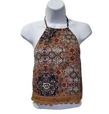 American Eagle Boho Halter Top S Floral Brown Festival Open Back Tie Grungecore