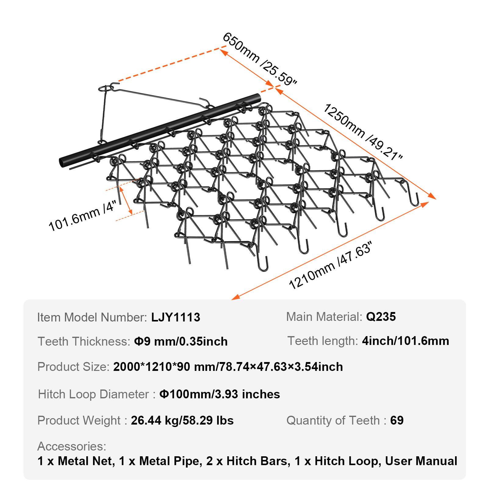 VEVOR Drag Harrow 4'x 4' ATV Lawn Rake Chain Field Drag for Landscape