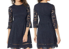 Vince Camuto Lace Pinch Pleat Fit-and-Flare Dress - Navy Size 6