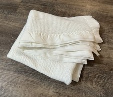 Baby Morgan Waffle Weave Blanket White Cream Nylon Satin Trim 47x35  Vintage