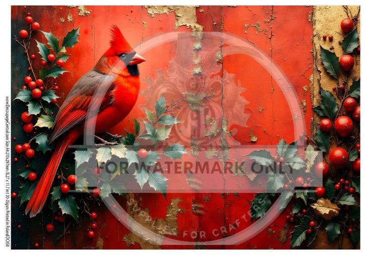 Rustic Cardinal on Red | A4 Rice Paper | Paper for Decoupage | Decoupage Central