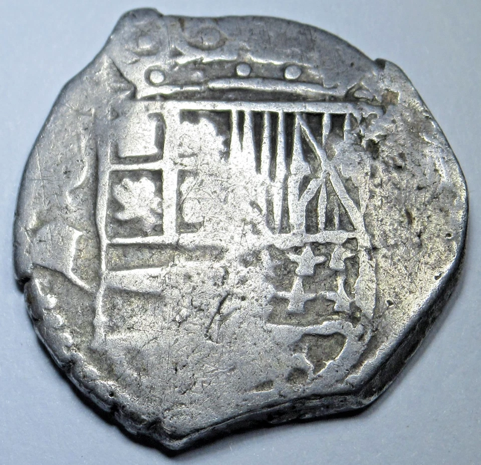 Подлинная монета испанская Боливия 1613-16 2 реала 1600-е колониальные пиратские сокровища кобальт - Изображение 2 из 2