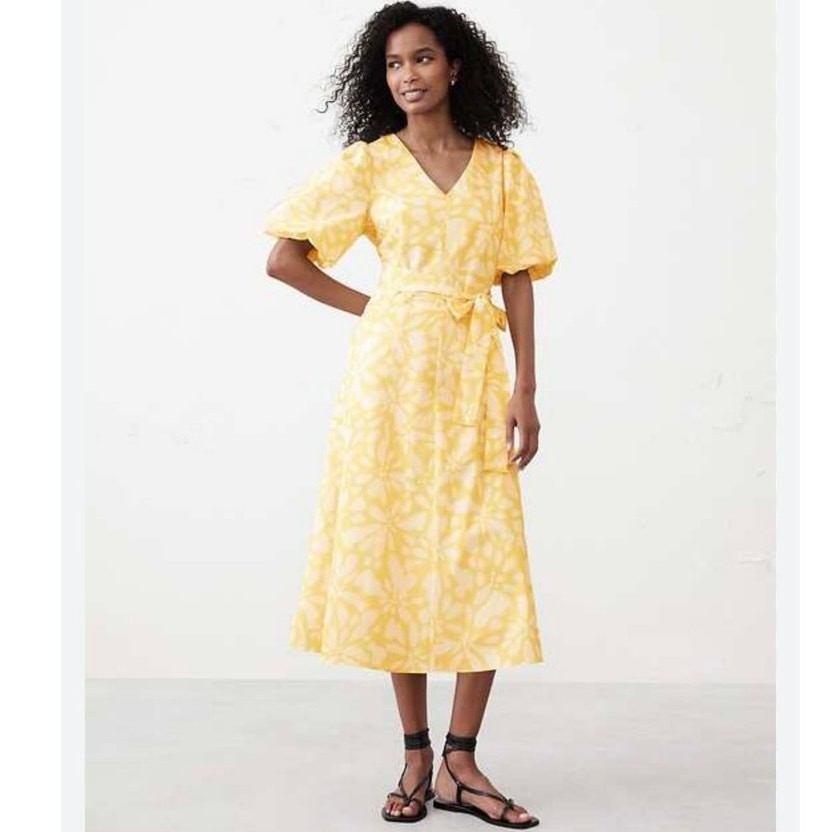 Banana Republic Factory Yellow Floral Puff Sleeve Poplin Midi Dress XS