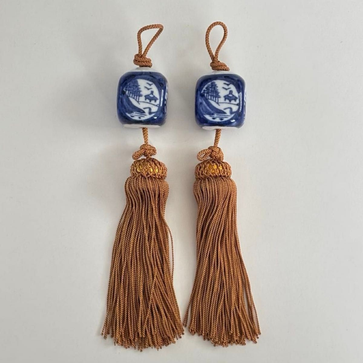 Fuchin Kutani Ware Blue Pattern with Tassels for Hanging Scroll Set of 2