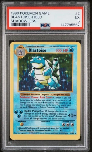1999 POKEMON BASE SET SHADOWLESS #2 BLASTOISE-HOLO PSA 5