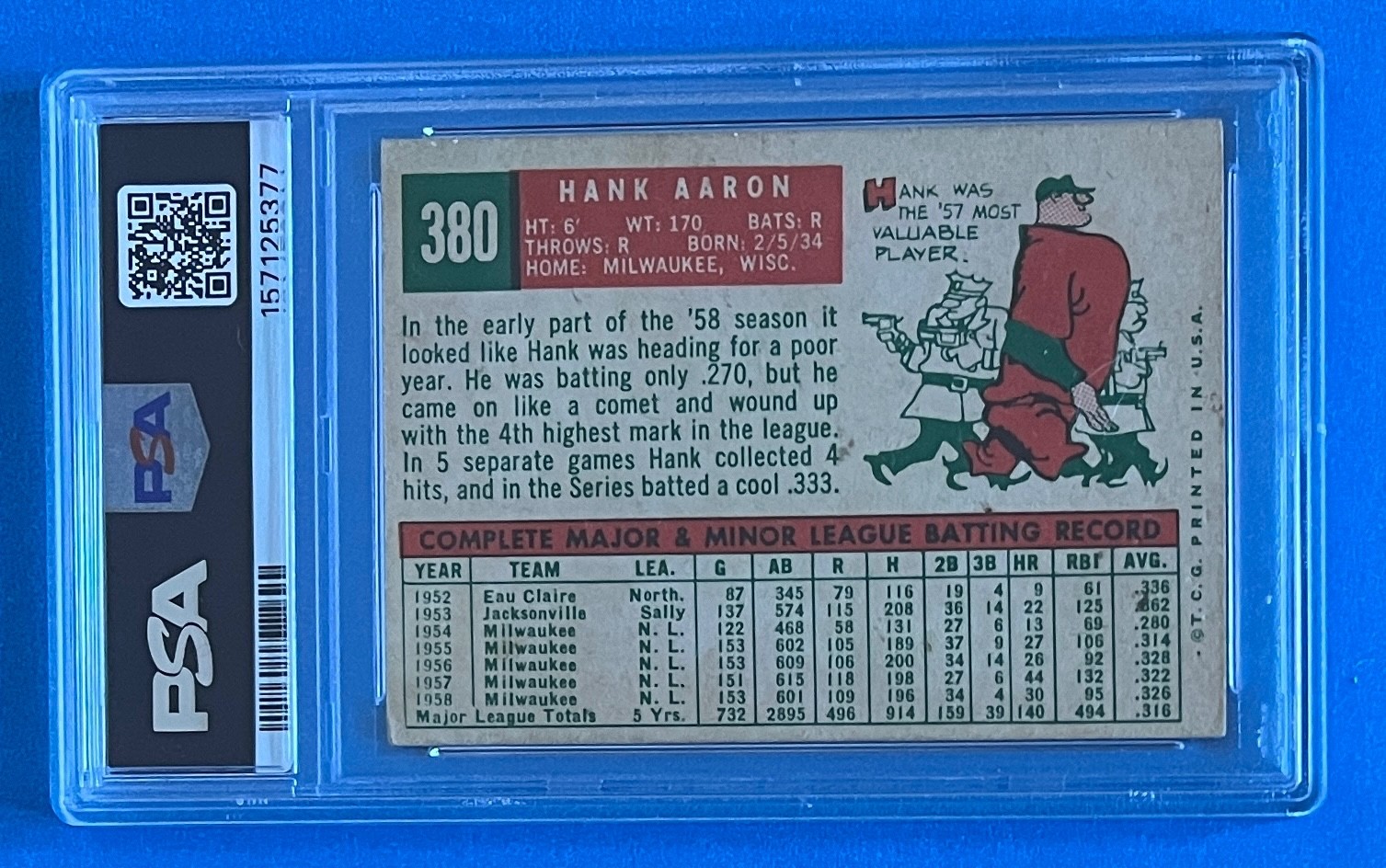 HANK AARON 1959 TOPPS #380 EXCEPTIONAL EYE APPEAL FOR THE GRADE PSA 3 view 2