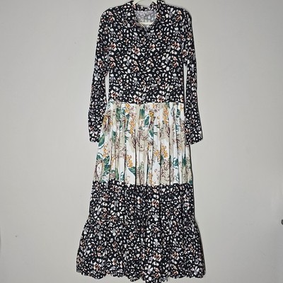 Connor Blake Mixed Print Tiered Maxi Dress Beaded Boho Long Sleeve Floral Tiger