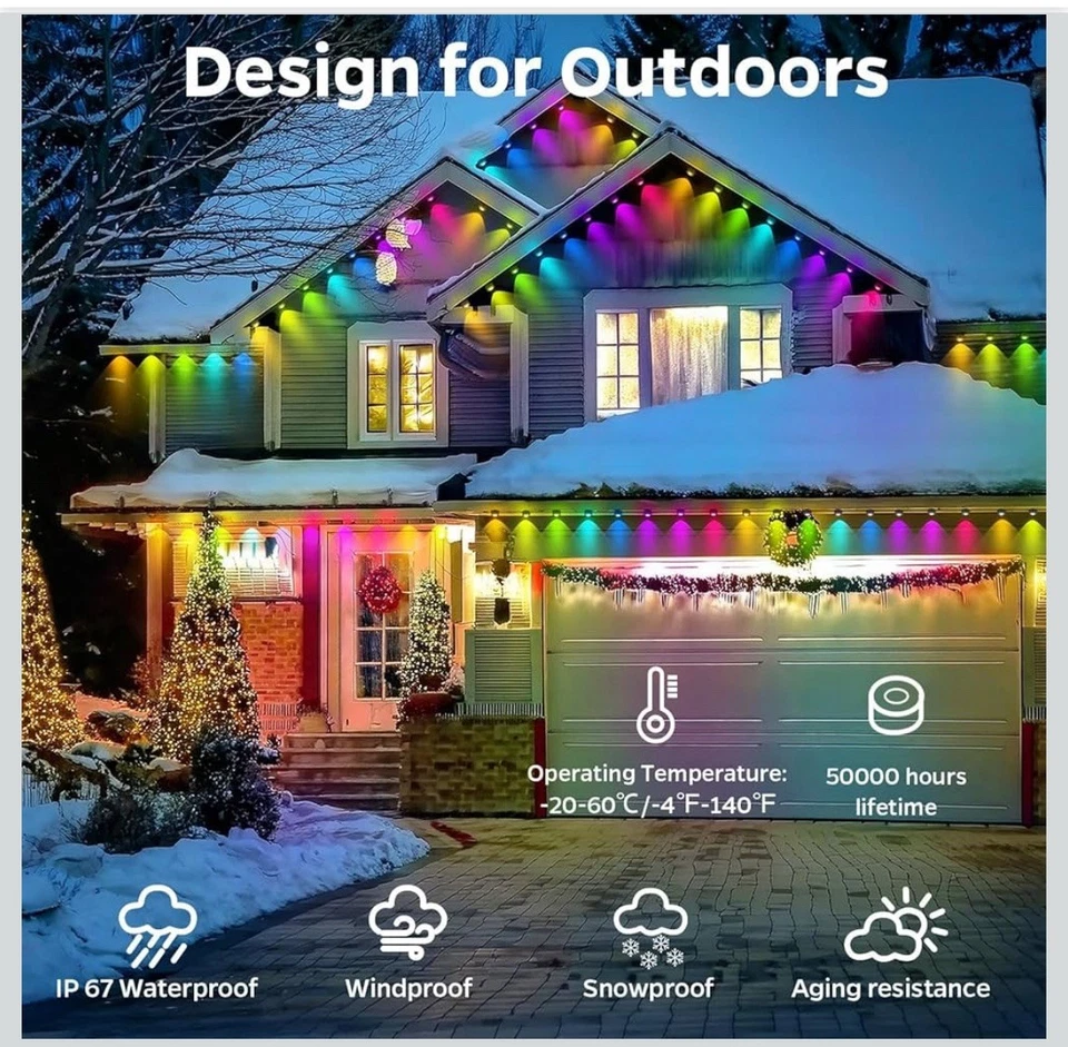 100FT Smart Permanent Outdoor Eaves Lights 72 LEDs RGB IC Bluetooth APP Control - Image 3 of 4
