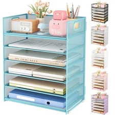6 Tier Office File Paper Desk Tray Organizer with Handle Stackable Slide Mesh...
