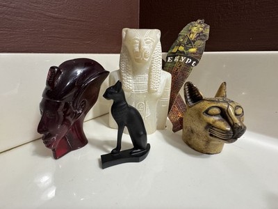 Lot of 4 Egyptian Figurines, Cat Bastets , Alabaster Goddess Sekhmet,  Akhenaten