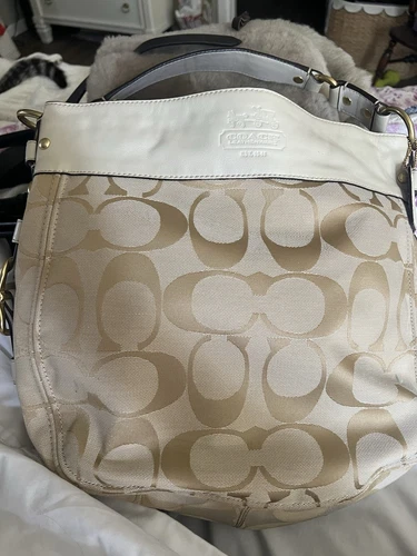 Borsa a tracolla Coach Zoe crema firma stampa tela pelle