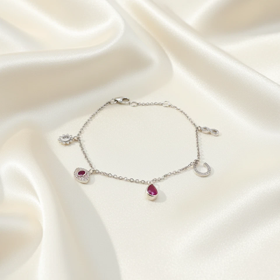 925 Silver Ruby Charm Bracelet with Evil Eye, Moon, Gemstone Charms Gifts Her. - Image 2 of 4