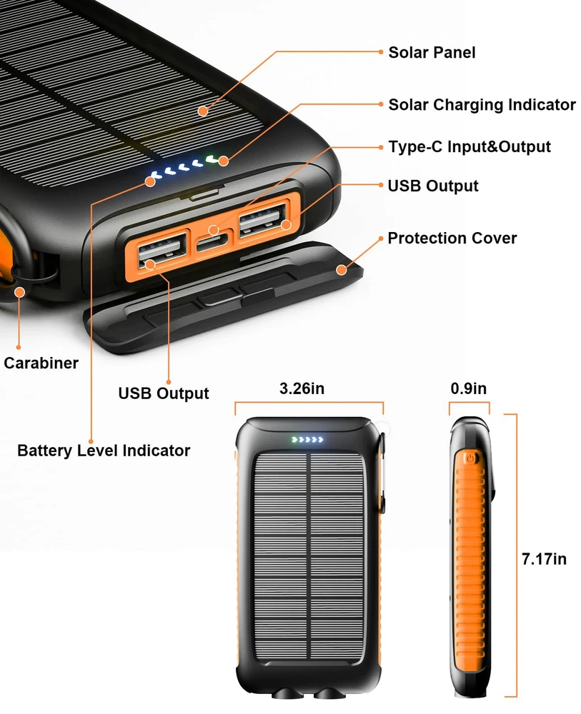 20000mAh Solar Power Bank - Portable Solar Charger with Dual USB for Phones & Tablets