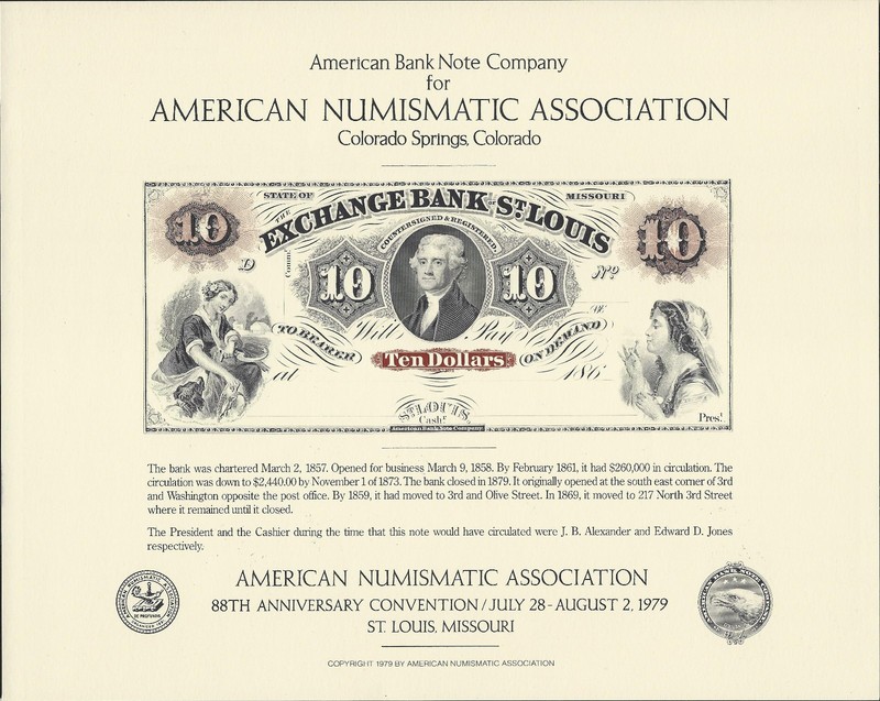 $10.00 Exchange Bank Of St. Louis, Missouri, 1860’s, ANA Souvenir Card, #S010!