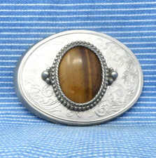 Western Floral Scroll Belt Buckle Tigers Eye Cowboy Cowgirl Vtg 70s 80s .TYC449