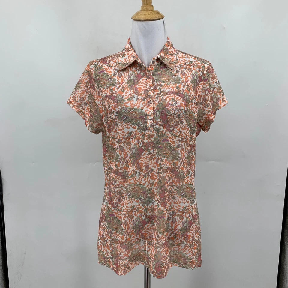 Daily Sports Shirt Women L Large Lisbeth Cap Sleeve Floral Snap Button Mesh Polo Foto 2 de 4