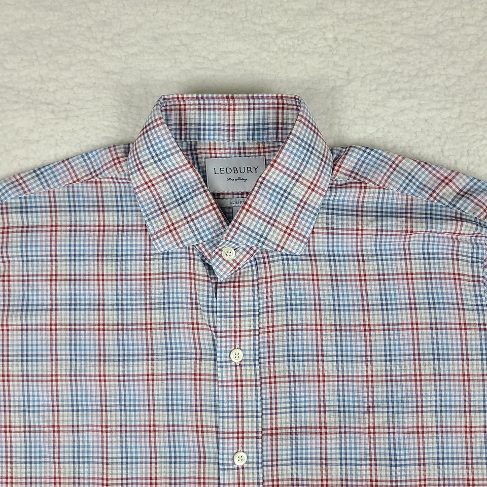 Ledbury Shirt Mens 17 Blue Red Check Plaid Slim Fit Dress Button Up - Image 3 of 4