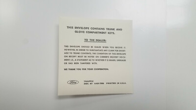 Ford Motor Co Key Packet Envelope 1968-1970 for Trunk and Glove Compartment