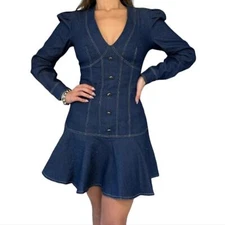 CBR  Blue Fit and Flare Mini Ruffle Plunge Neckline LongSleeve Dress Size Medium