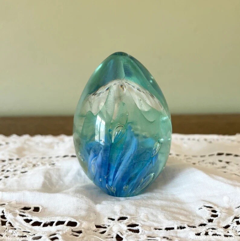 Blue and Green Glass Paperweight, Signed eBay