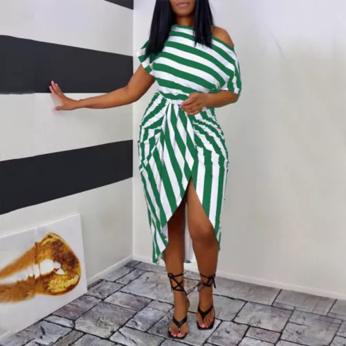 Women's Striped Sexy Cold Shoulder Midi Dress Summer Holiday Party Split Dresses - Imagen 18 de 23