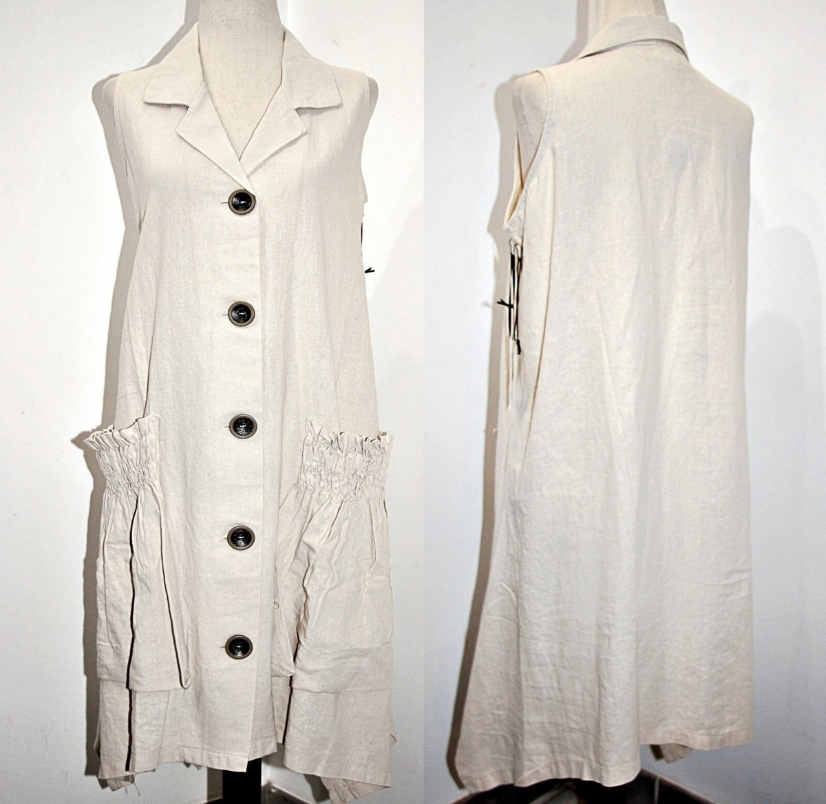 【BAON】Cheld Ribbon Shirring Check Midi One Piece For Cynthia Linen-Blend Sark Bite Hem Shirt Dress w/Patch
