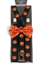 Halloween Novelty Pumpkin Bow Tie And Suspenders Matching Set Adult or Teens