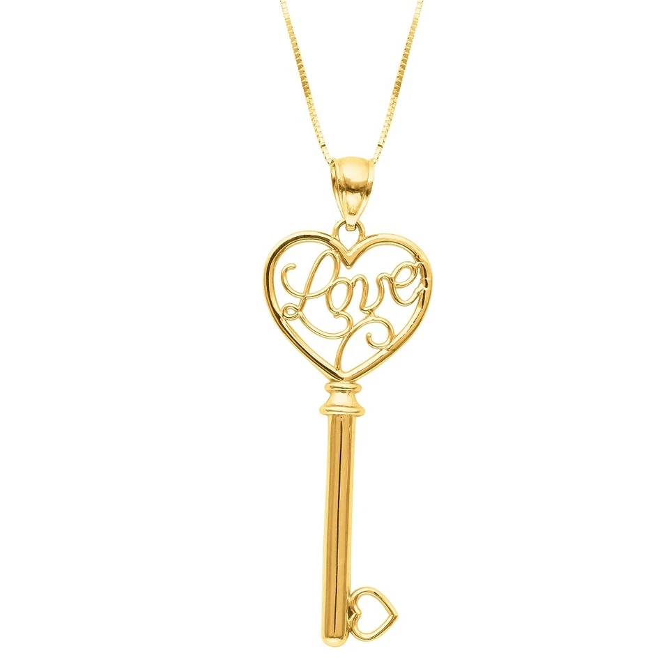 COLGANTE CON DIJE CORAZÓN LLAVE AMOR ORO AMARILLO 14K con cadena de 18" - Regalo San Valentín