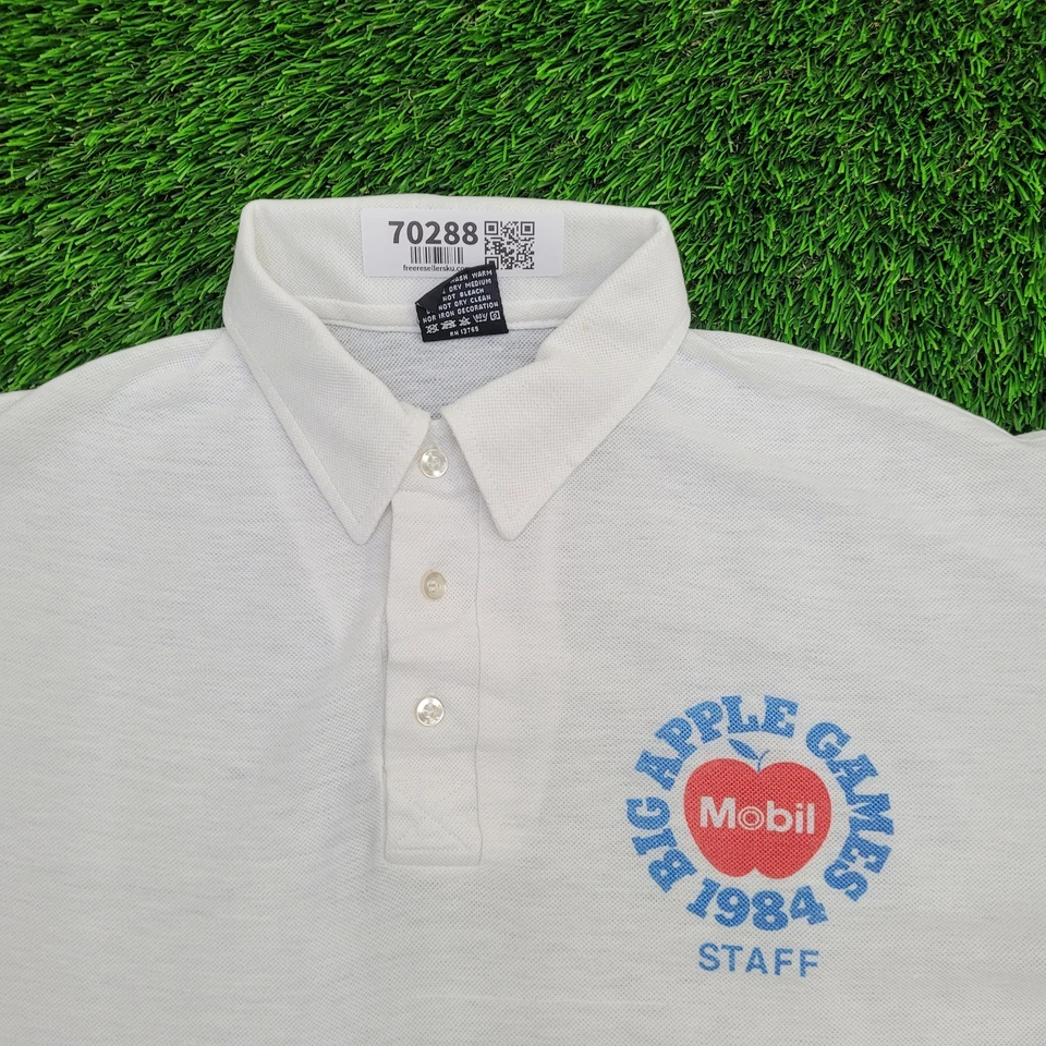 Vintage 1984 Big-Apple-Games Staff Polo Shirt M/L 21x24 White Cropped NYC - Image 3 of 4