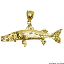 New 14k Yellow Gold 3D Barracuda Fish Pendant
