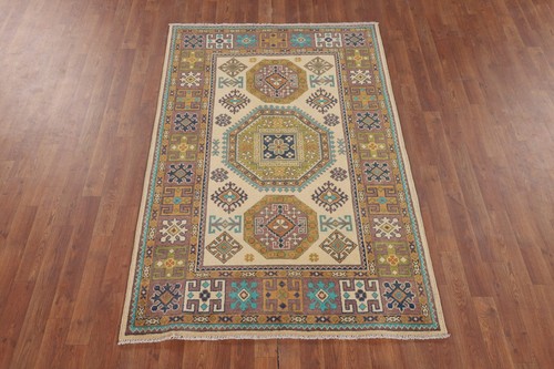Ivory Geometric Super Kazak Oriental Hand-knotted Area Rug Wool Carpet 4x6 ft. - Picture 2 of 12