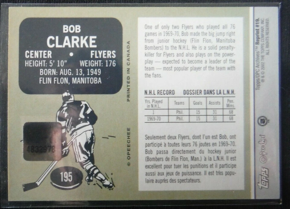 2001-02 Topps Archives AUTO Rookie ** BOBBY CLARKE ** SP! Philadelphia 2002 OPC - Image 2 of 2