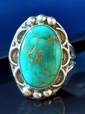 FABULOUS STERLING SILVER FILAGREE OVAL TURQUOISE STONE RING SIZE 6.5