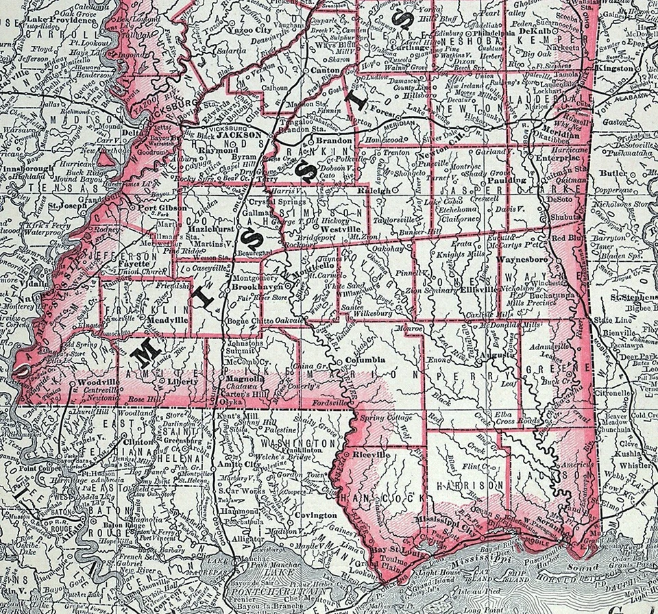 Mapa ferroviario Rand McNally 1881 Mississippi Jackson Natchez Biloxi Gulf Shores MS Foto 3 de 4
