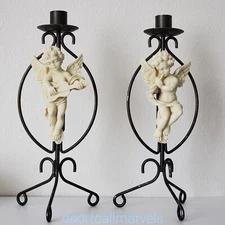 2 Metal Candle Holders w/ Musician Cherubs Putti Romantic Renaissance Vintage