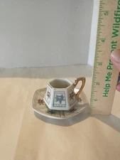 Vintage Miniature Tea Cup And Saucer Nico Japan Footed Gold Trim Floral Hexagon