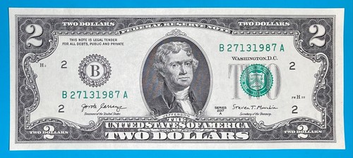 B 2713 1987 A : TRAILING YEAR 1987 $2 Two Dollar Bill Serial Number Uncirculated - Picture 2 of 3