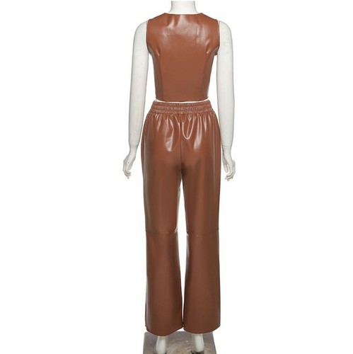 Women-Crop-Top-Wide-Leg-Pants-2PC-Set-Vintage-Loose-Solid-Matching-Outfits-Y