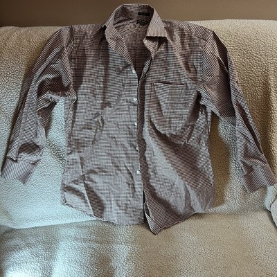 Neiman Marcus Trim Fit Brown Check Cotton Dress Shirt Men 16 1/2 32/33