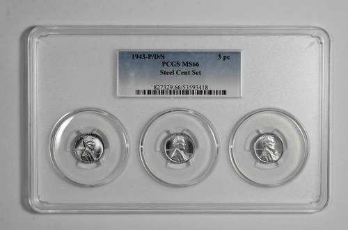 1943 P D S 1c Lincoln Steel Wheat Cent PCGS Graded MS 66 Three Coin Set